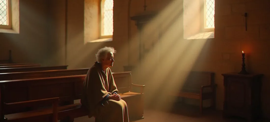 Une femme âgée en méditation silencieuse dans une église de campagne, illustrant le recours à un spirituel guide dans un cadre de prière personnelle