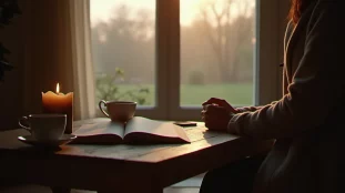 Une personne recueillie près d'une fenêtre, un livre ouvert et une bougie allumée, illustrant le synonyme de spiritualité qu'est la vie intérieure