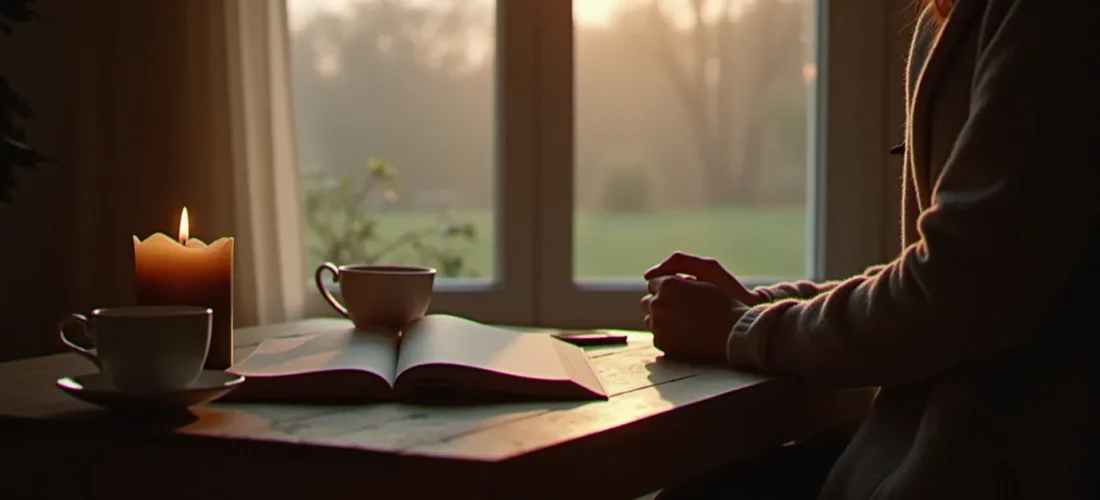 Une personne recueillie près d'une fenêtre, un livre ouvert et une bougie allumée, illustrant le synonyme de spiritualité qu'est la vie intérieure