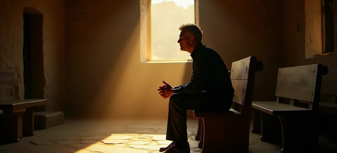Un homme en contemplation silencieuse dans une chapelle lumineuse, illustrant une spiritualité vécue dans le recueillement quotidien