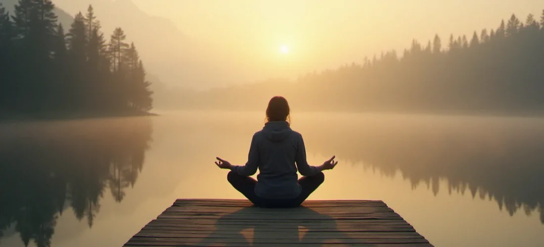 Personne en méditation au bord d'un lac au lever du soleil, illustrant une spiritualité sans religion dans le silence de la nature