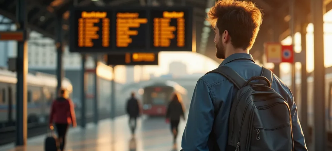Jeune volontaire européen avec sac à dos dans une gare européenne, prêt à partir pour sa mission de volontariat européen