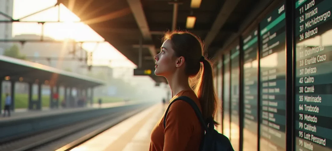 Jeune volontaire avec sac à dos devant un tableau de départs dans une gare européenne, illustrant la recherche d'offres de volontariat européen
