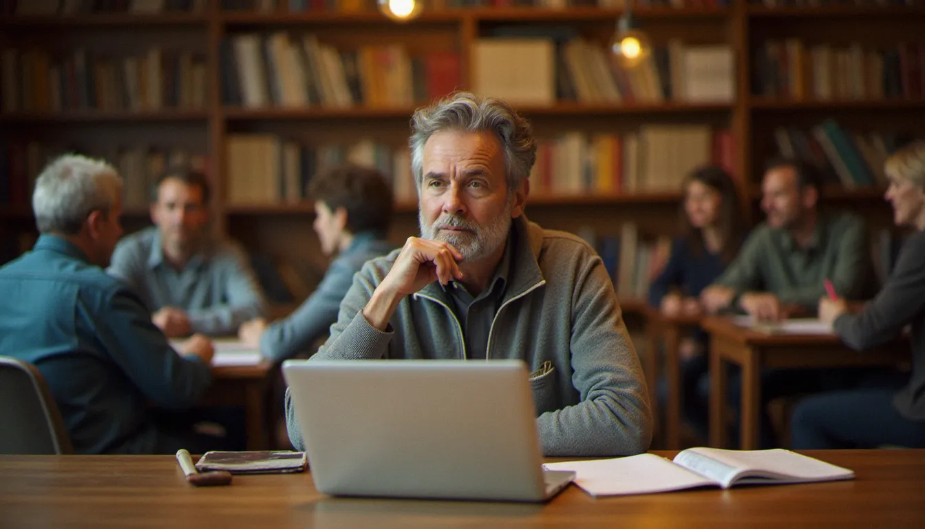 Un bénévole associatif consultant des ressources lexicales en ligne pour préparer une action de solidarité, incarnant l'usage du centre national de ressources textuelles et lexicales dans la vie concrète