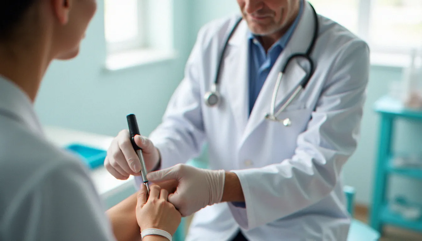 Un médecin en blouse blanche réalisant un medium biopsy test sur l'avant-bras d'un patient dans un cabinet médical lumineux et professionnel