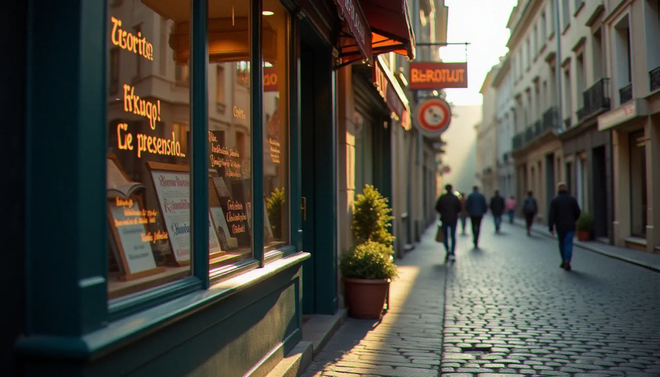 Une rue de ville française avec une vitrine de praticien spirituel indépendant, représentant la diversité des offres et des tarifs de médium