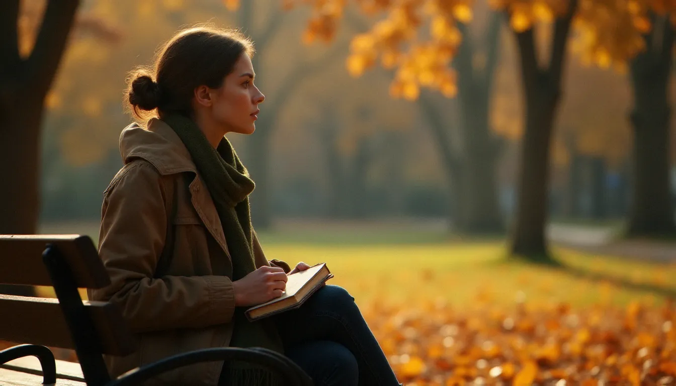 Une personne seule sur un banc en automne dans un parc, dans une posture de recueillement et de recherche intérieure de sens au-delà de toute consultation