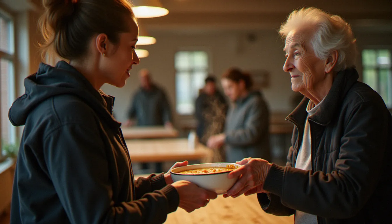 Bénévole tendant un repas chaud à une personne en précarité dans un centre d'hébergement, geste quotidien incarnant la spiritualité vécue dans la solidarité