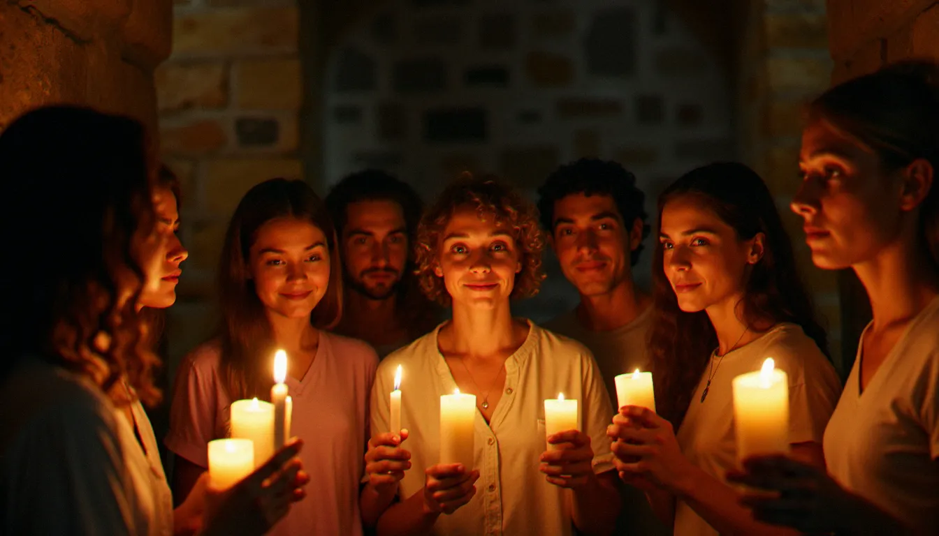 Personnes de cultures différentes réunies autour de bougies dans une chapelle, illustrant la diversité universelle des formes de spiritualité à travers le monde