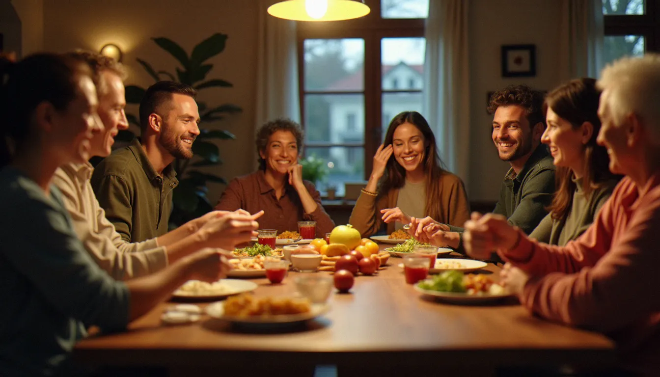 Groupe multiculturel réuni autour d'un repas communautaire chaleureux, symbolisant l'appartenance que recherchent les personnes en quête de conversion