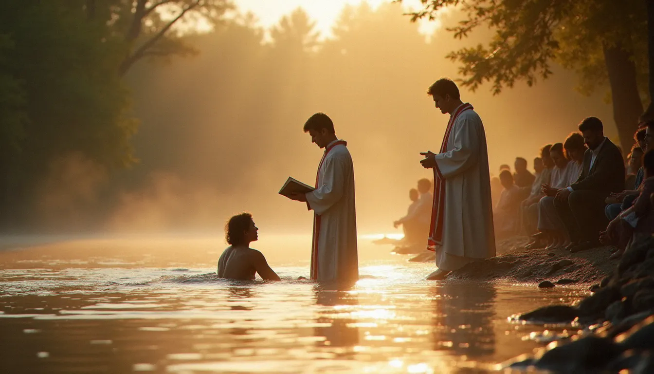 Cérémonie de baptême adulte au bord d'une rivière à l'aube, représentant le rite de conversion chrétienne et la renaissance spirituelle