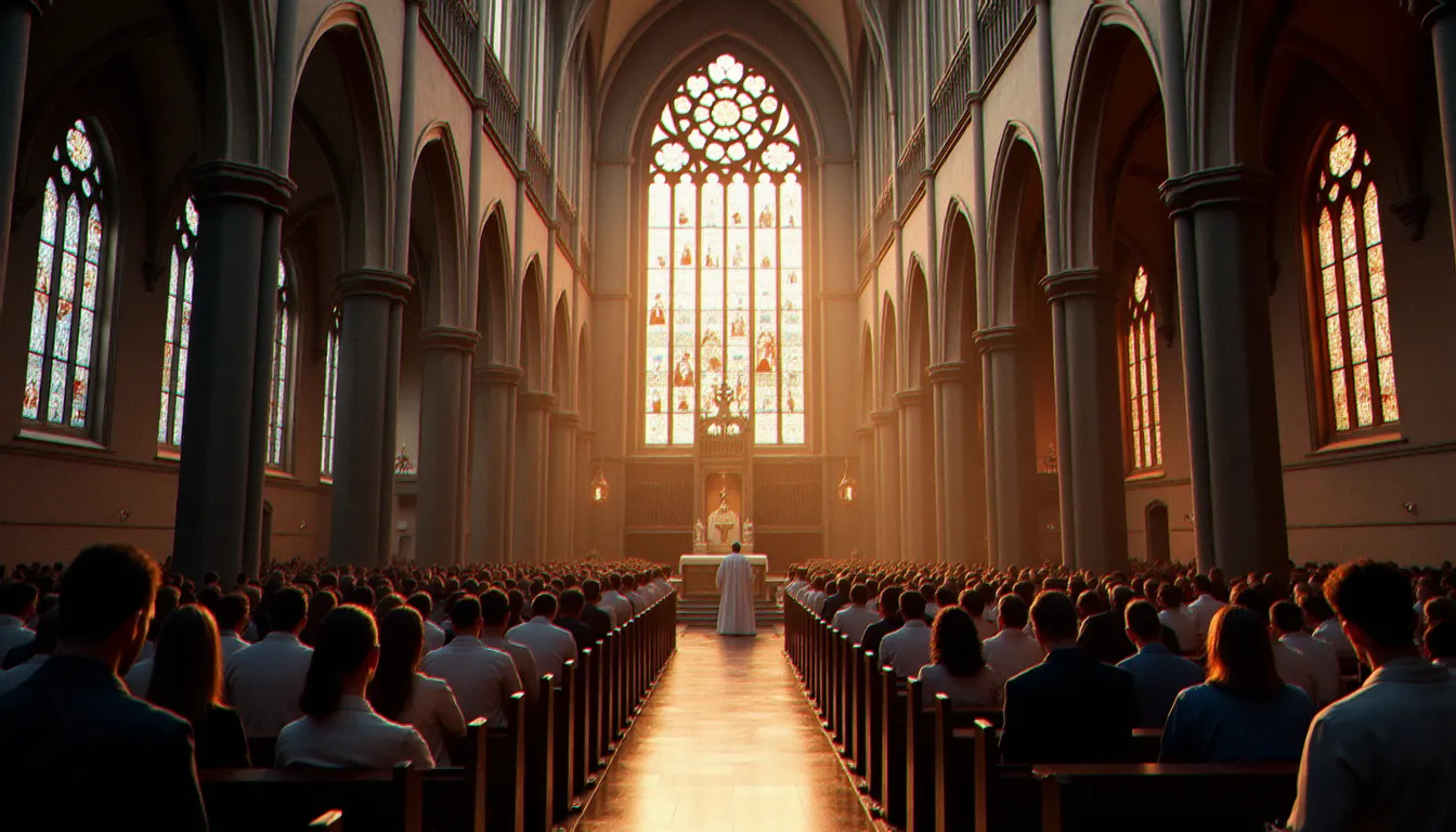 L'intérieur d'une cathédrale gothique illuminée par des vitraux colorés pendant une messe, illustrant la pratique collective du christianisme, religion avec le plus de croyant au monde