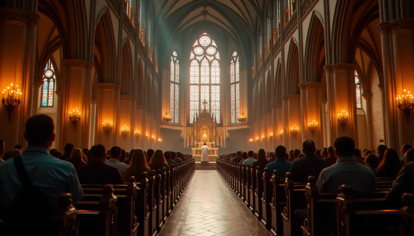 Messe du dimanche dans une cathédrale gothique illuminée par des vitraux colorés et des cierges, symbole du christianisme comme religion rassemblant le plus grand nombre de pratiquants au monde