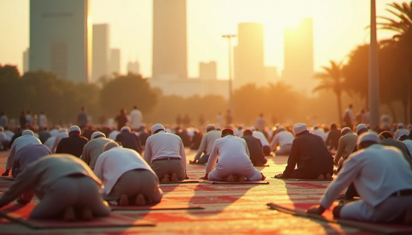 Fidèles musulmans en prière collective du vendredi dans une place urbaine ensoleillée, illustrant la croissance remarquable de l'islam parmi les religions les plus pratiquées au monde