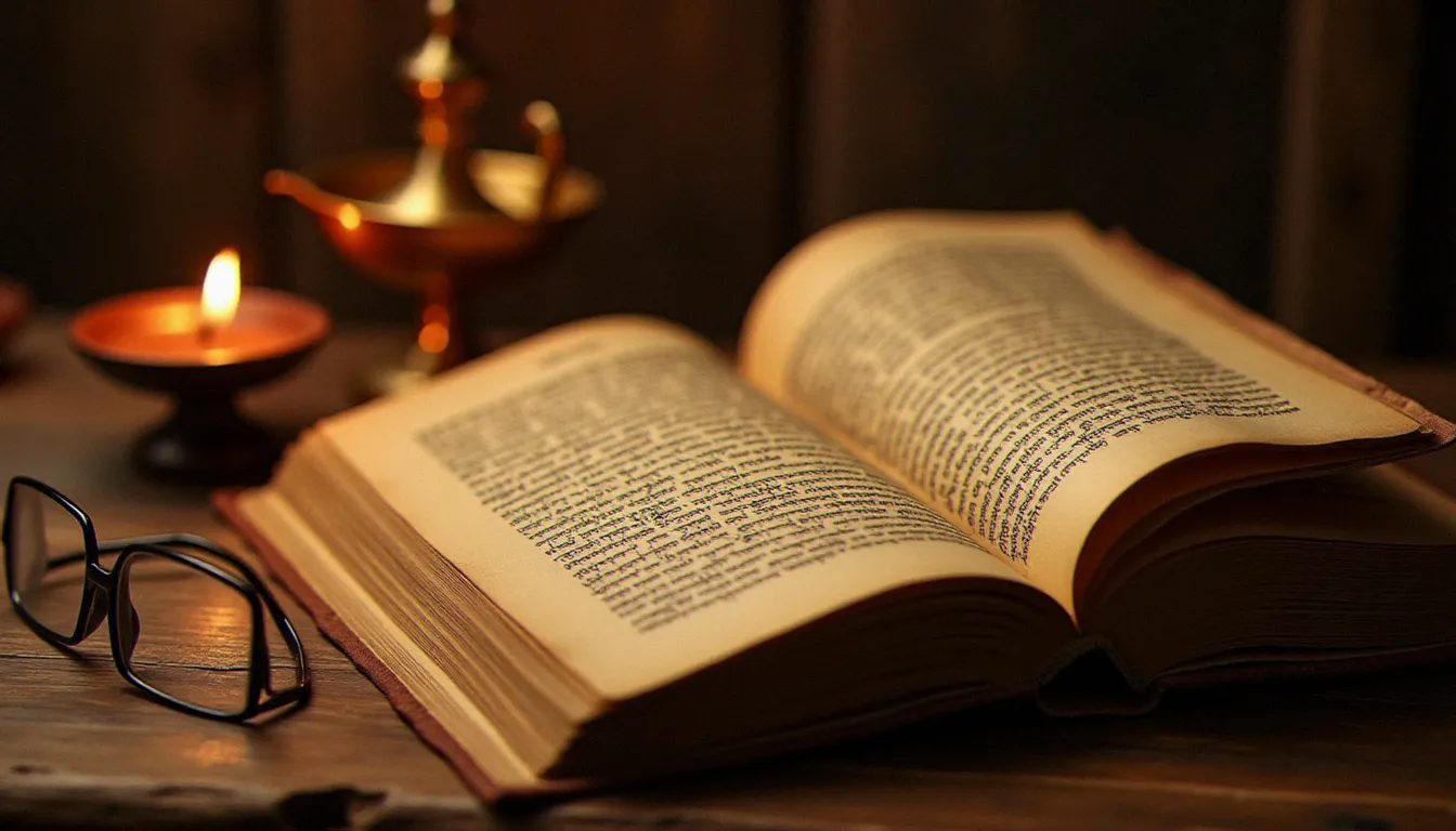 Un rouleau de parchemin ancien ouvert sur une table en bois, éclairé par la flamme d'une lampe à huile, évoquant les textes fondateurs des religions monothéistes