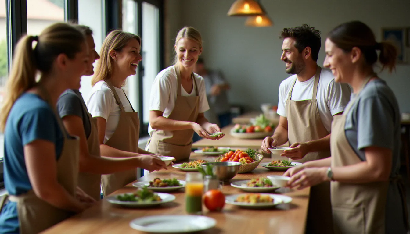 Des bénévoles de différentes origines servant des repas dans une cantine communautaire, illustrant la solidarité concrète inspirée par la foi monothéiste