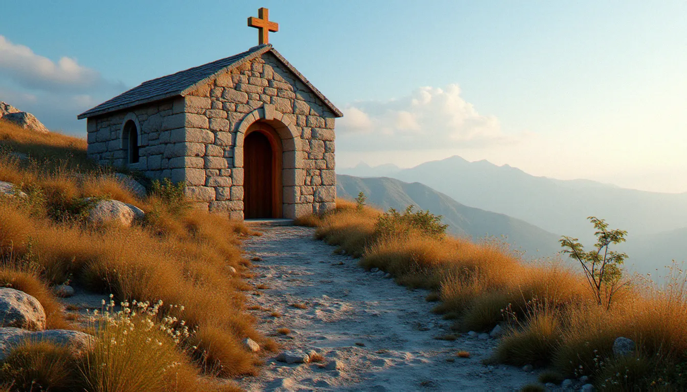 Une chapelle de pierre ancienne éclairée par la lumière dorée du coucher de soleil, symbole de la religion avec un seul dieu à travers les siècles