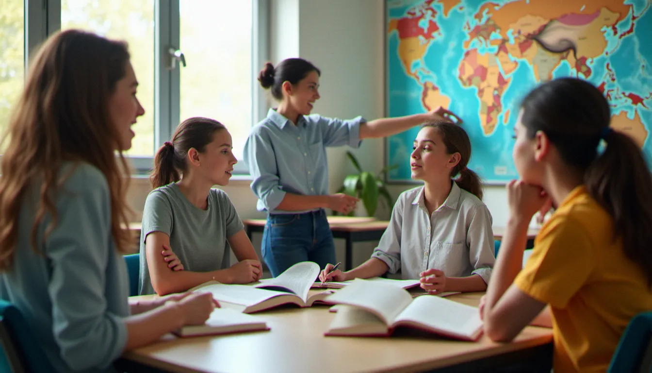 Groupe d'élèves de troisième en discussion autour de guides pédagogiques comparatifs sur les grandes religions du monde dans une salle de classe lumineuse