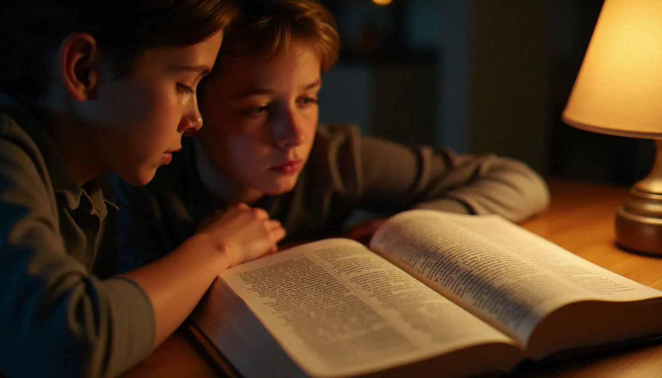 Parent et adolescent consultent ensemble un guide de religion imprimé avec annotations manuscrites à la lumière d'une lampe de table, atmosphère familiale chaleureuse