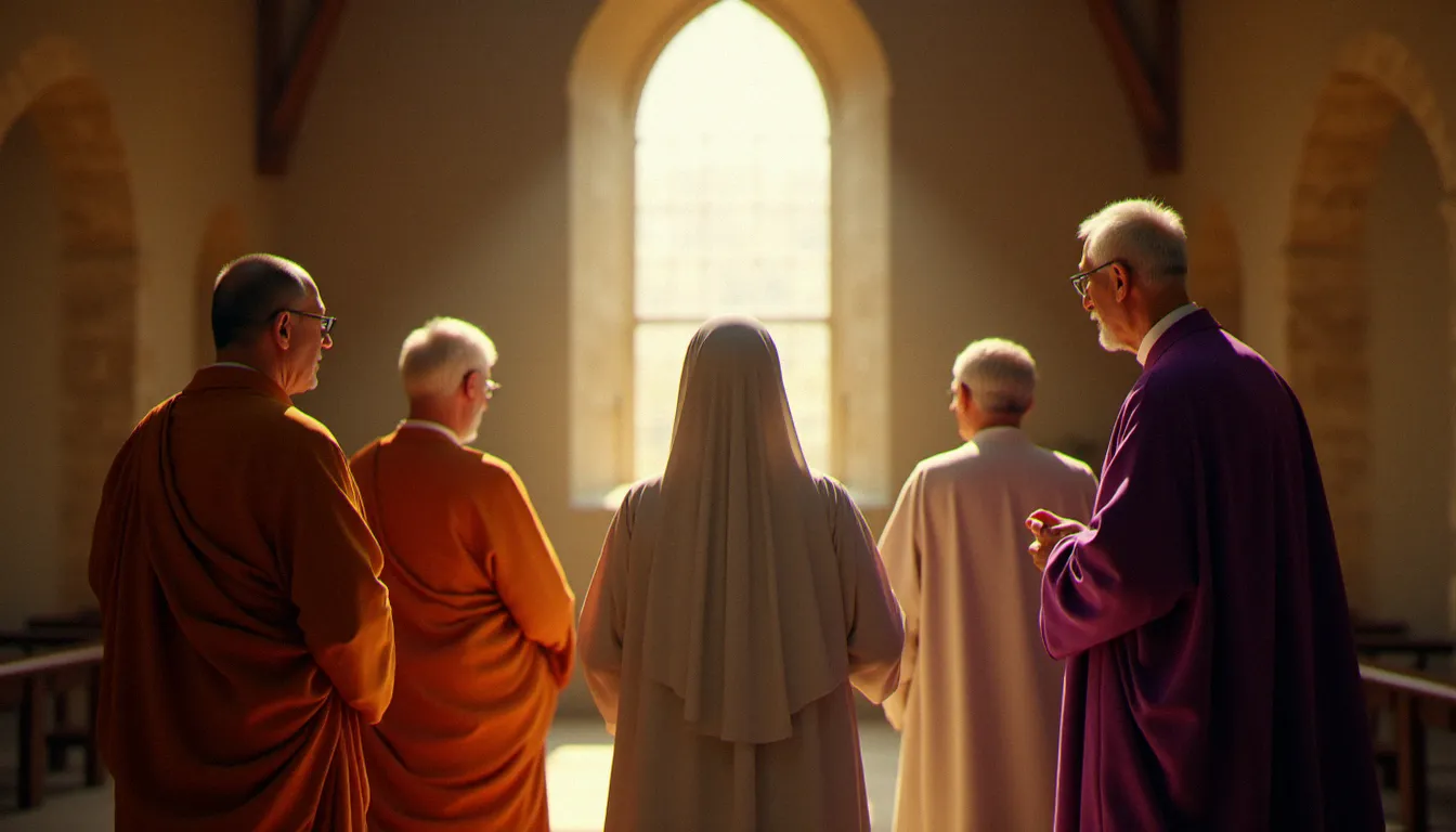 Des représentants de traditions religieuses différentes réunis dans une chapelle baignée de lumière dorée, illustration du lien profond entre religion et Prix Nobel de la Paix