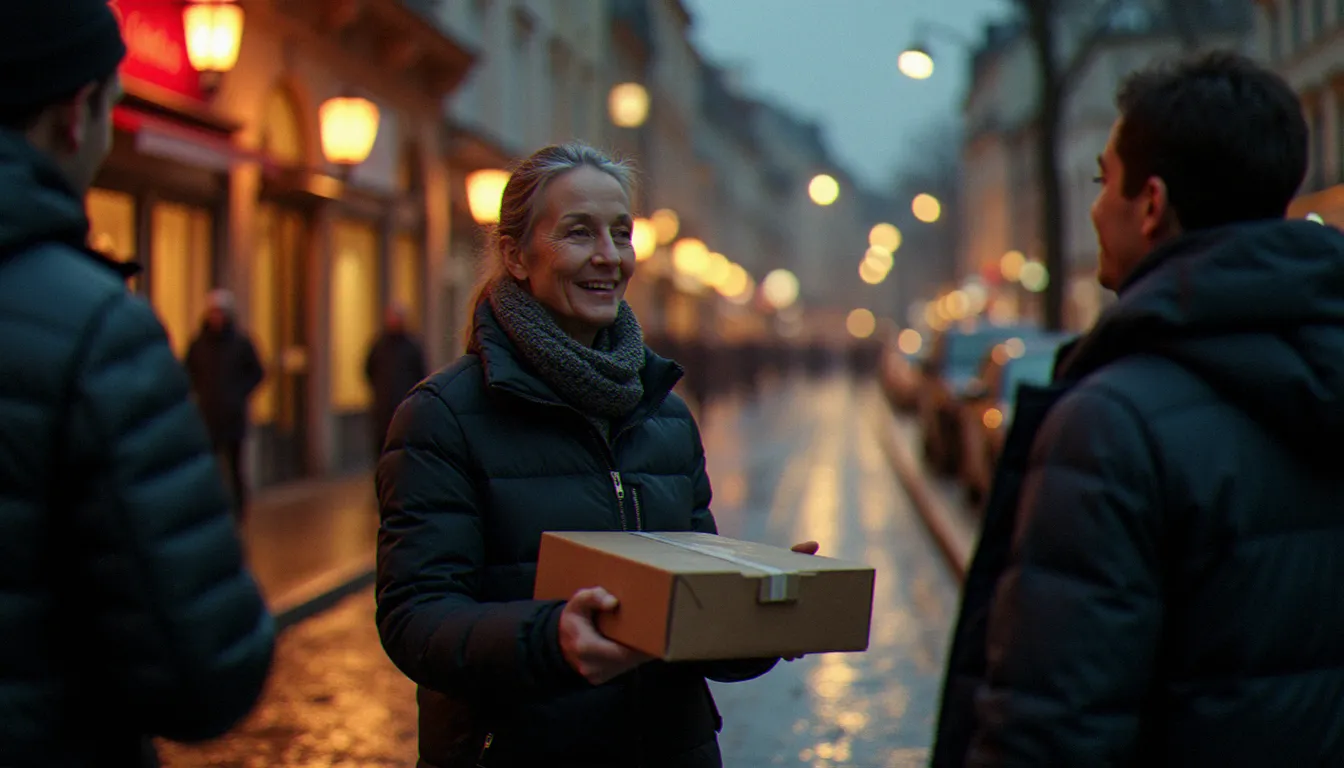 Une bénévole distribuant de la soupe chaude à des personnes sans-abri dans une rue française sous la pluie, incarnant la foi vécue dans le service des autres