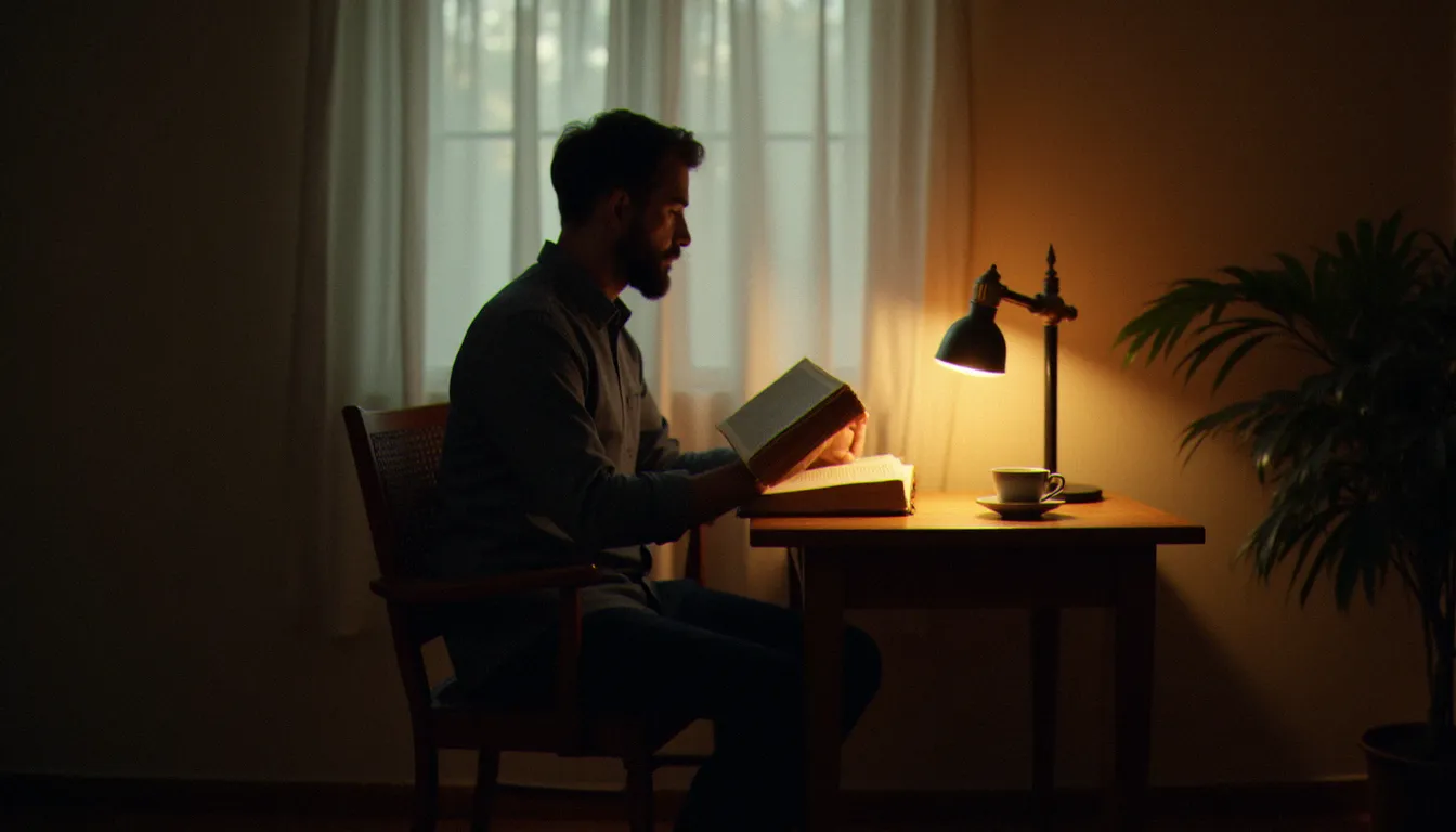 Un homme lisant un texte spirituel à la lueur d'une lampe au petit matin, dans le silence propice à la prière et au dialogue intérieur avec Dieu