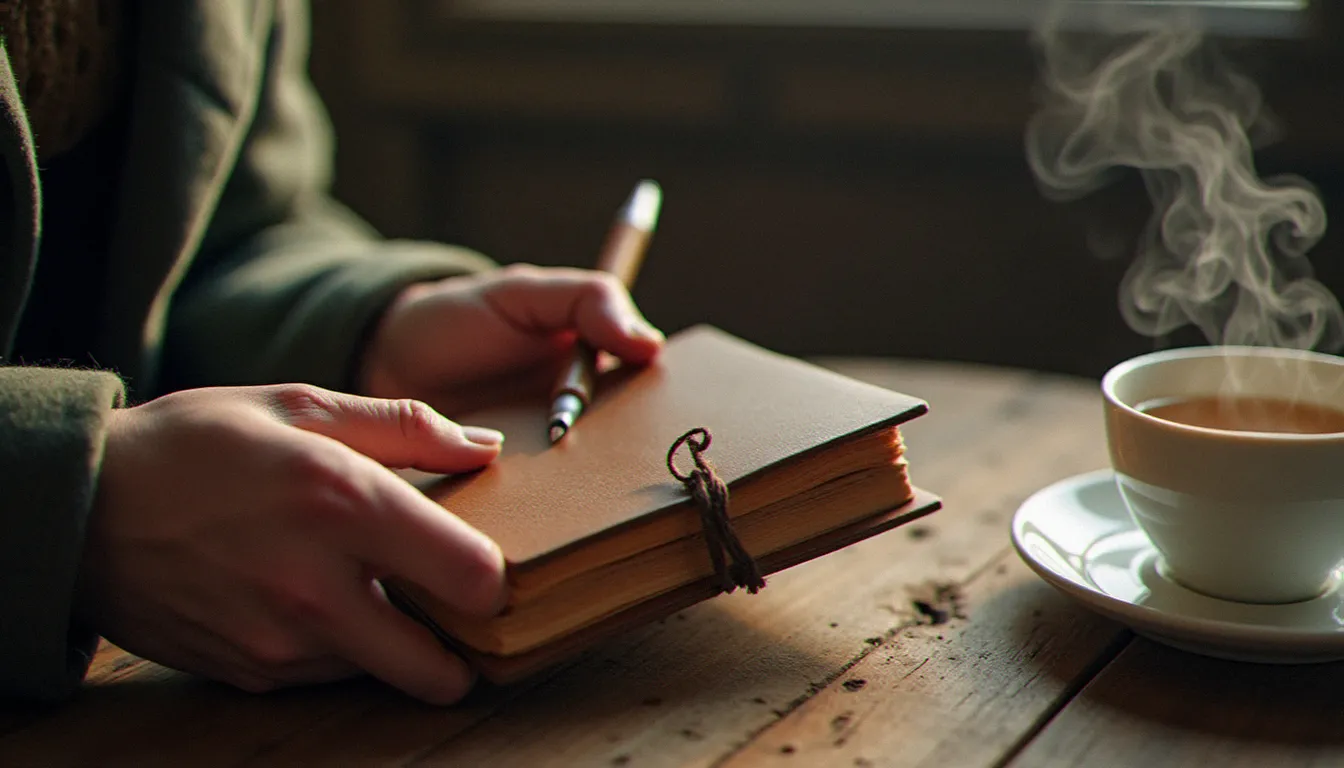 Des mains tenant un carnet de bord spirituel et un stylo près d'une tasse de thé, symbolisant la pratique quotidienne d'écriture intérieure