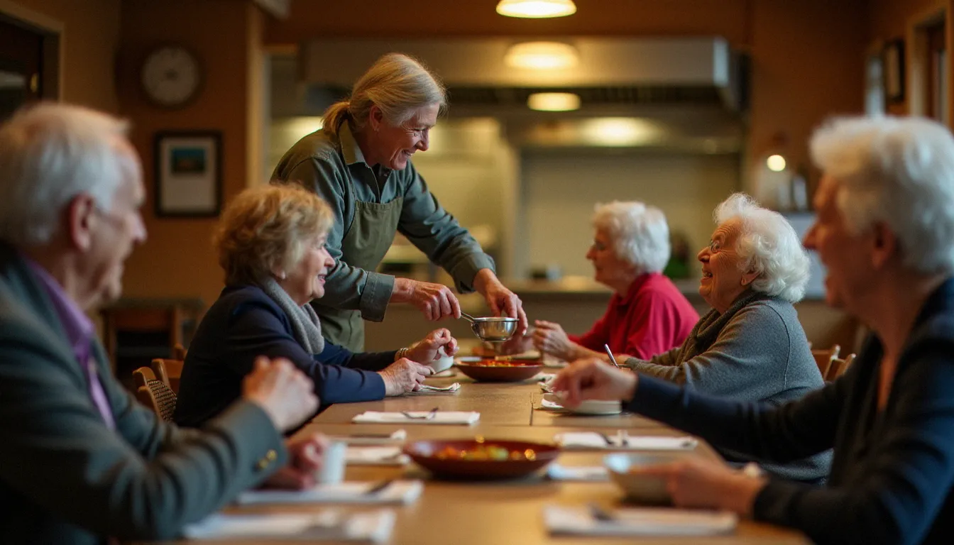 Un bénévole servant de la soupe à des personnes âgées dans une salle communautaire, incarnant la spiritualité vécue à travers le service aux autres