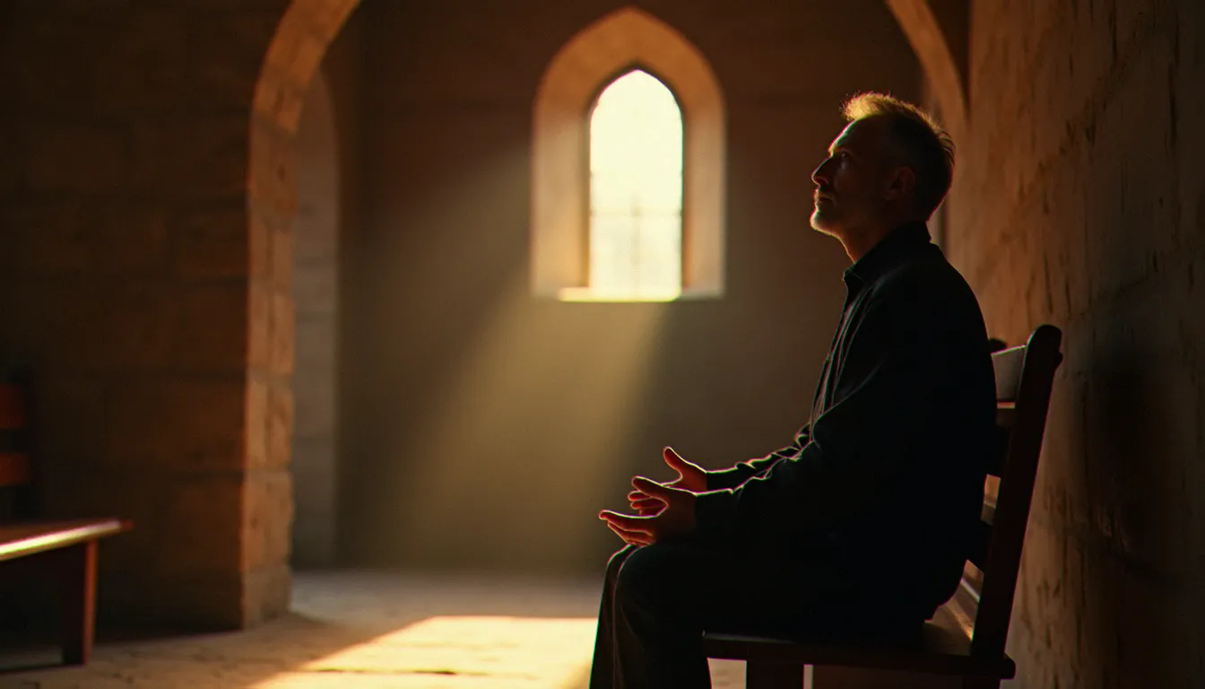 Un homme en recueillement dans une chapelle éclairée par la lumière du matin, illustrant la pratique de la spiritualité comment faire au quotidien
