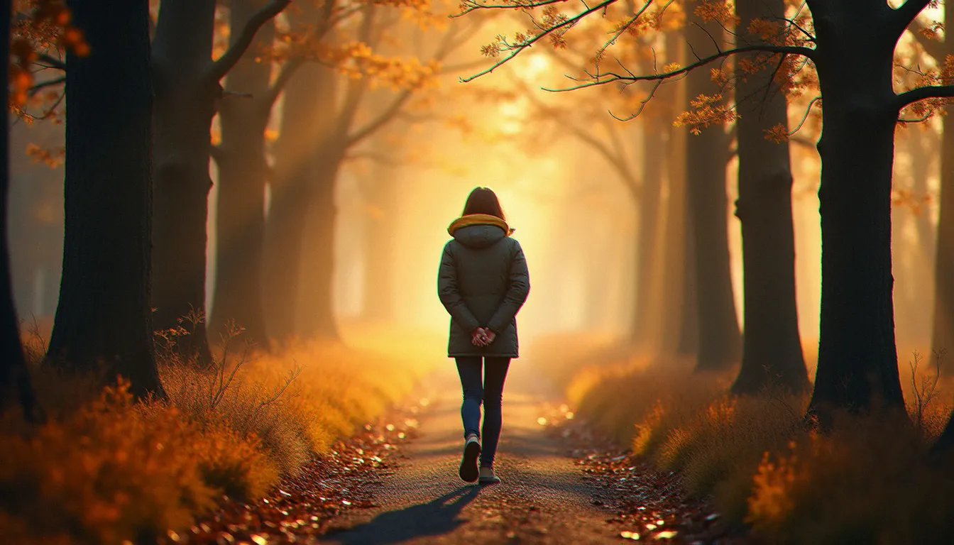 Une personne en marche contemplative sur un sentier forestier automnal dans la brume matinale, pratique concrète pour s'initier à la spiritualité au quotidien