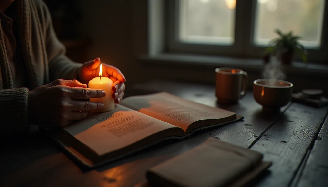 Des mains âgées allumant une bougie sur une table en bois sombre avec un journal intime ouvert, rituel spirituel quotidien illustrant les petits gestes qui ouvrent à la transcendance