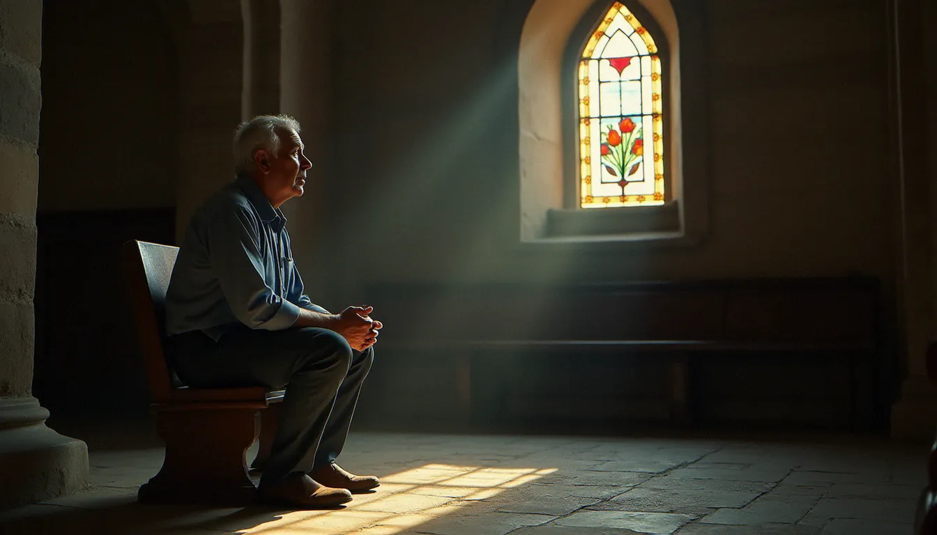 Un homme en contemplation silencieuse dans une chapelle de pierre ancienne, illustrant la démarche de spiritualité et comment s'initier à une vie intérieure authentique