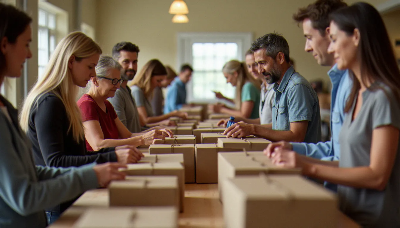 Bénévoles de différents âges distribuant des colis alimentaires dans un local associatif, incarnation de la spiritualité au quotidien