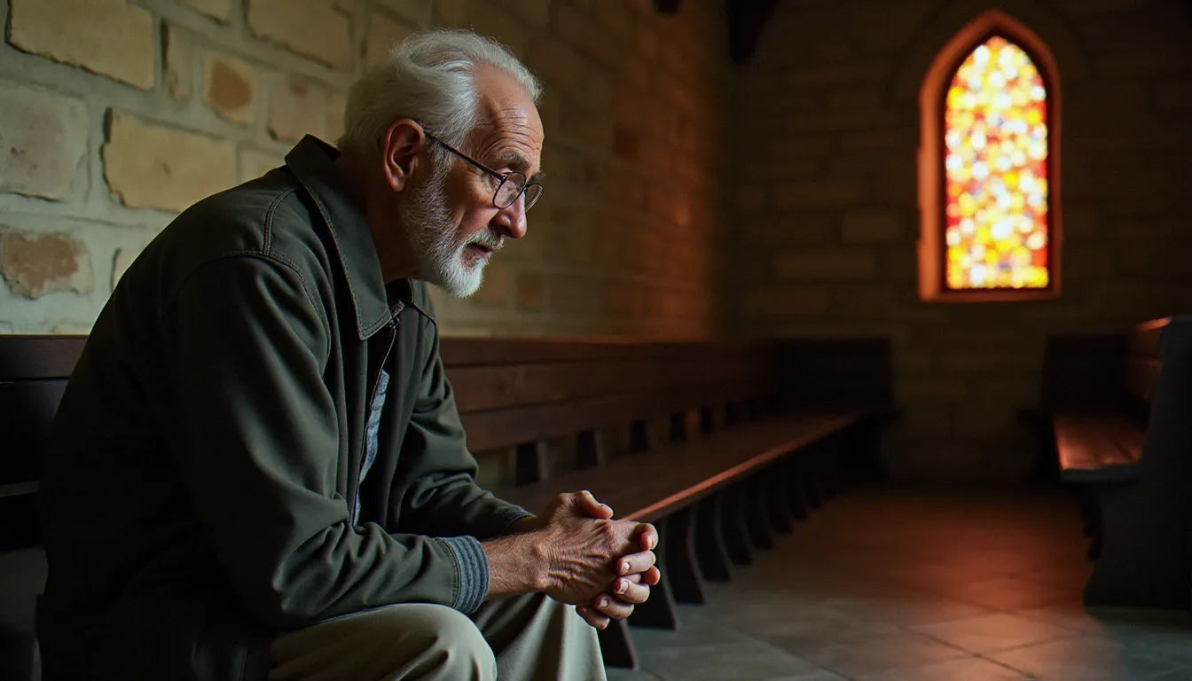 Homme âgé en posture de contemplation spirituelle dans une chapelle en pierre, illustrant la définition de la spiritualité vécue