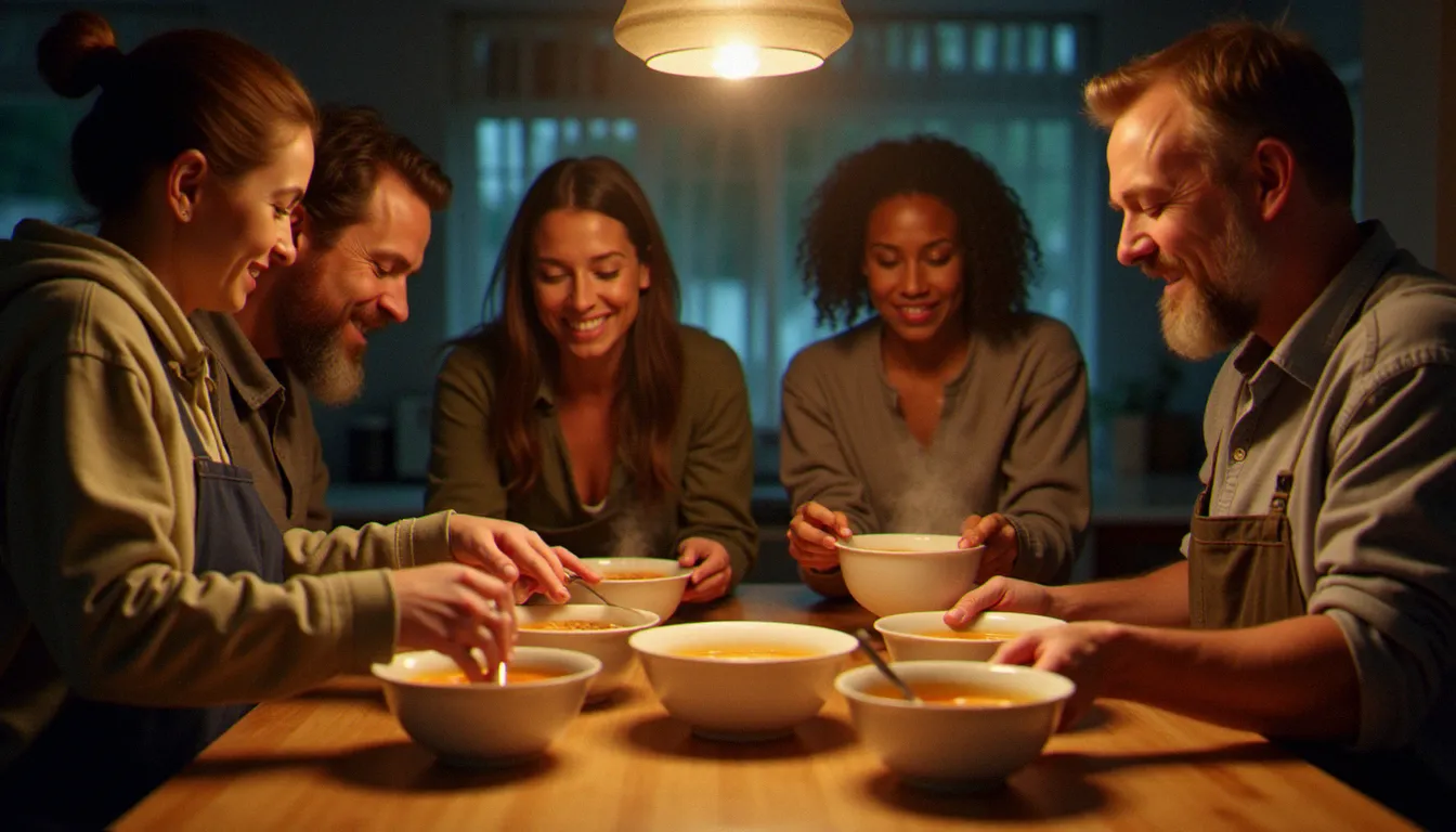 Des bénévoles de diverses origines servant un repas chaud à des personnes sans abri dans une cuisine communautaire de nuit, symbole de la foi vécue en actes de solidarité