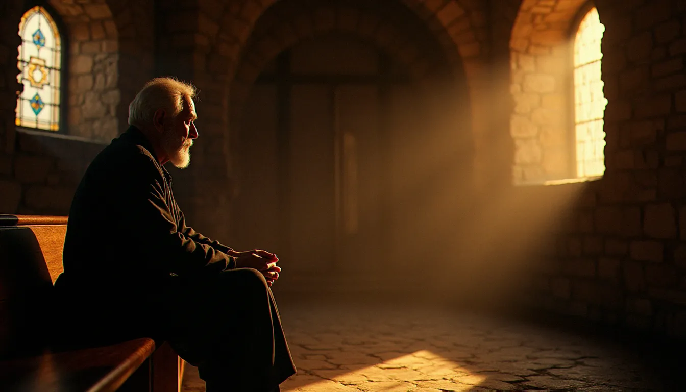 Un homme âgé en prière silencieuse dans une chapelle en pierre éclairée à la bougie, incarnant la dimension intime de la spiritualité et religion