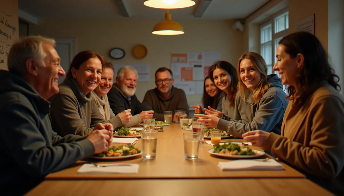 Des bénévoles français de tous âges réunis autour d'un repas partagé dans une salle associative, symbole de la spiritualité vécue au quotidien dans l'engagement solidaire