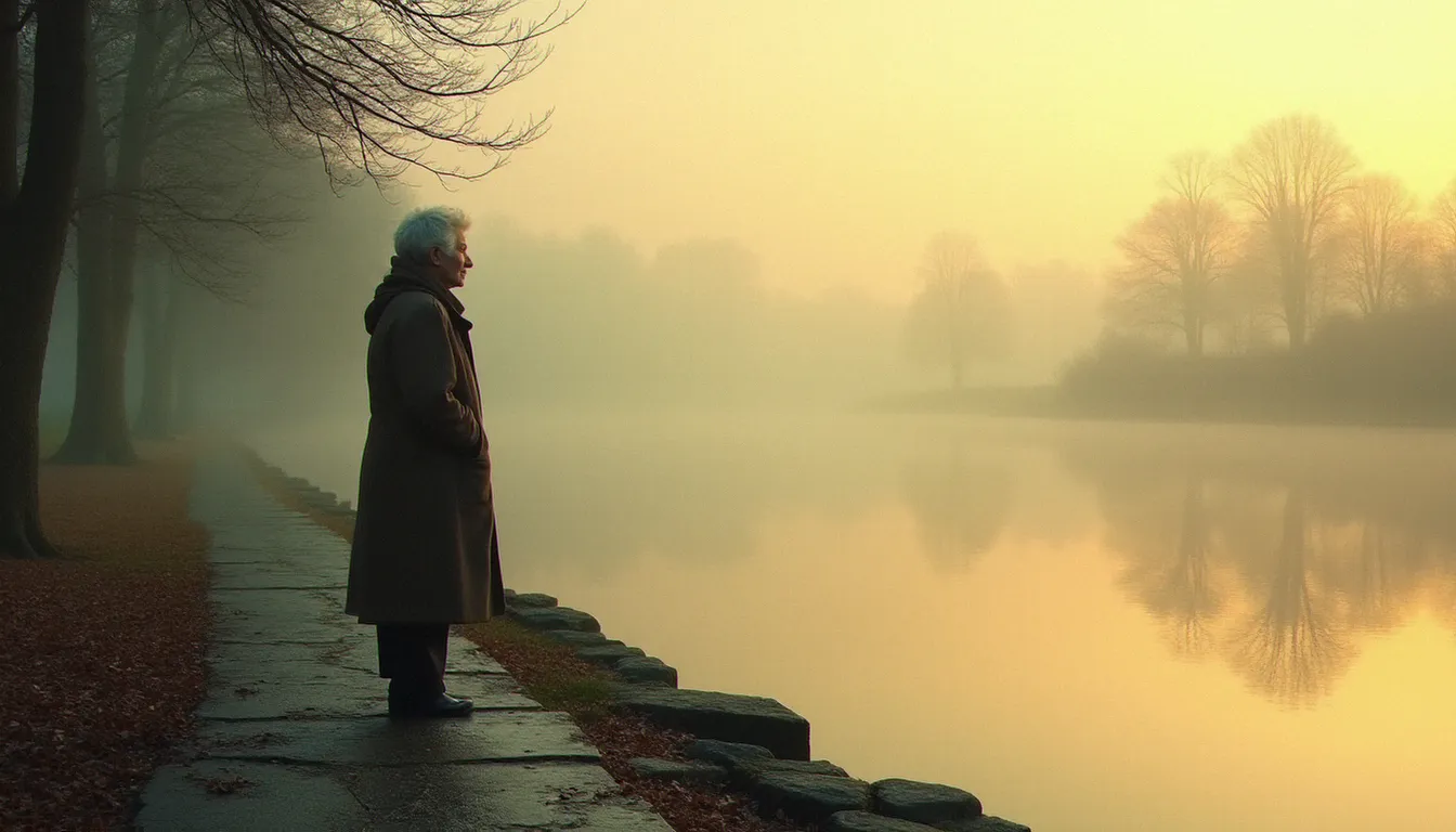 Une femme âgée contemplant la Loire dans la brume de l'aube, incarnant la dimension spirituelle du rapport à la nature et au silence en France