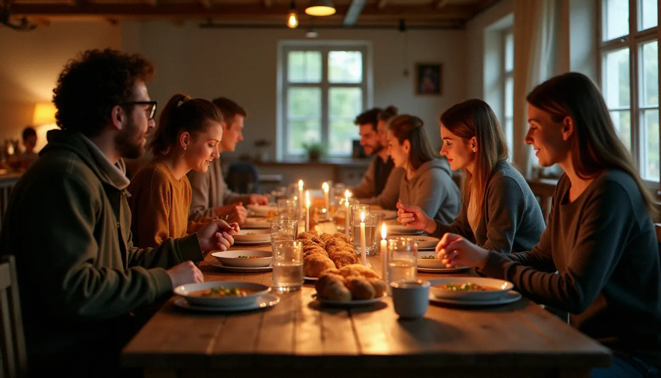 Bénévoles de différentes générations réunis autour d'un repas partagé dans une salle associative modeste, expression vivante de la solidarité et de la spiritualité vécue au quotidien en France
