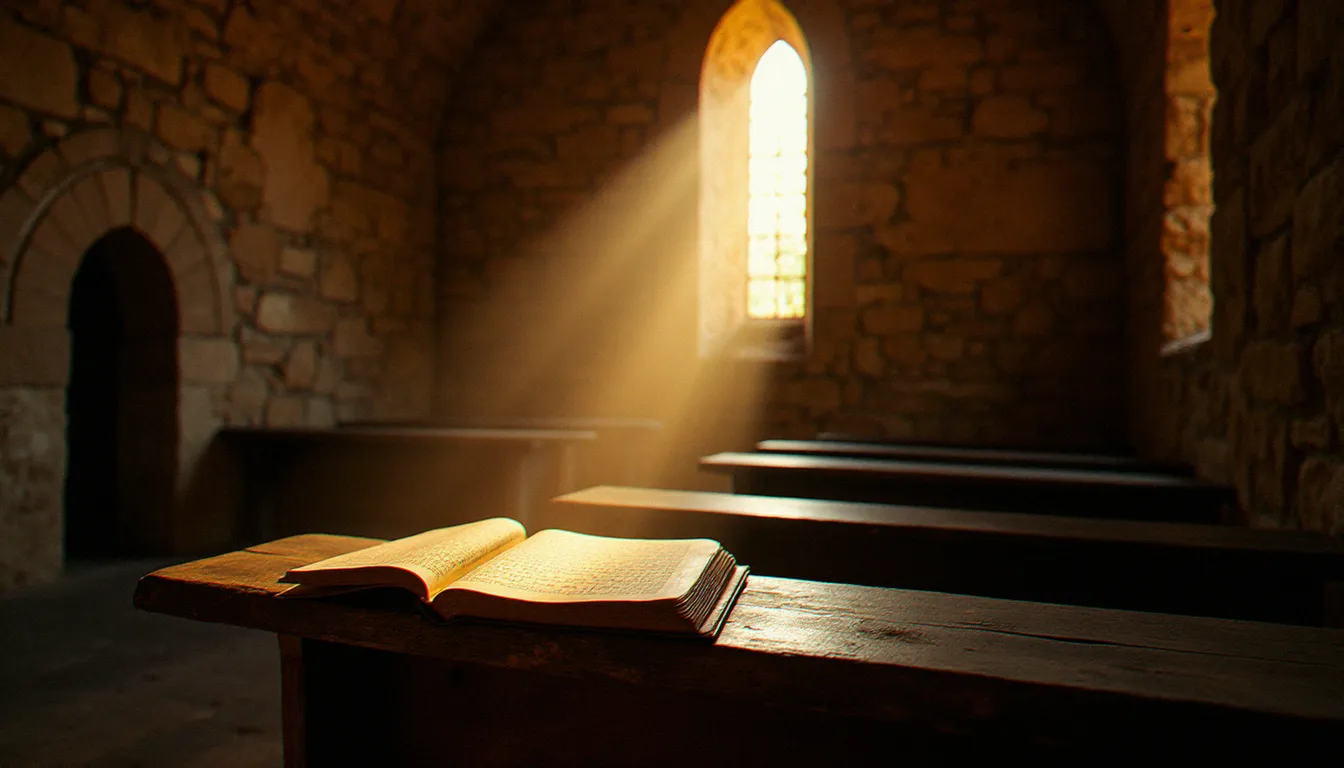 Intérieur d'une chapelle romane française avec un rayon de lumière traversant un vitrail ancien, symbole de la profondeur spirituelle qui irrigue la culture française depuis des siècles
