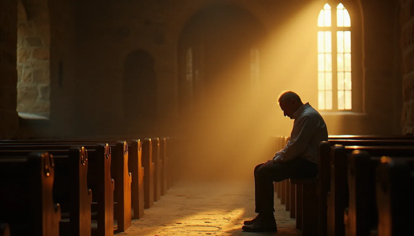 Un homme en recueillement silencieux dans une chapelle romane française baignée de lumière dorée, illustrant la quête de spiritualité en France