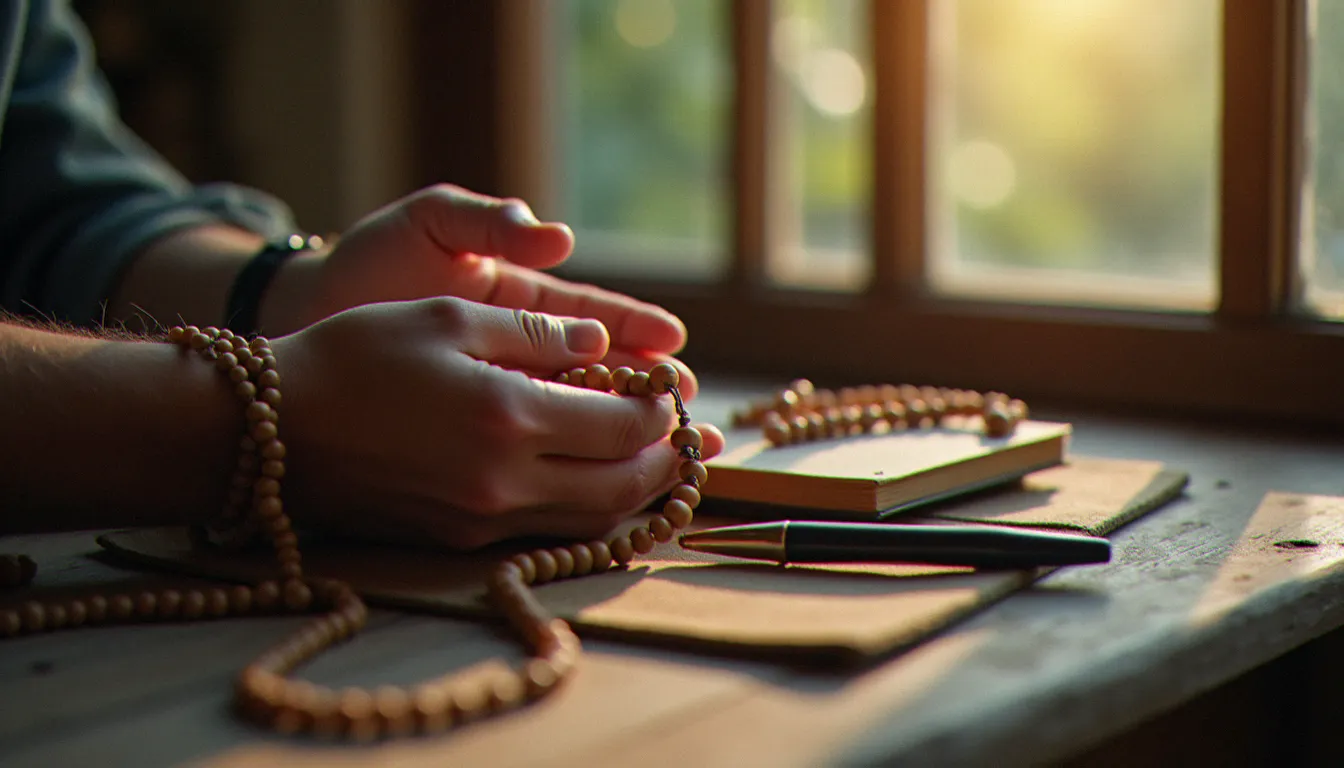 Mains tenant un chapelet en bois près d'une fenêtre baignée de lumière de midi, avec un carnet ouvert sur la table, évoquant la pratique spirituelle et la méditation quotidienne