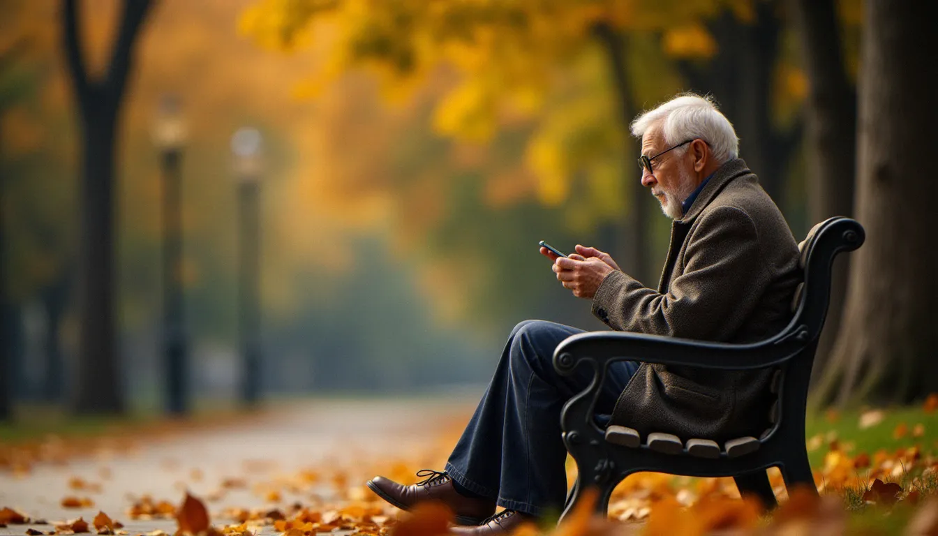 Homme âgé assis sur un banc de parc à midi, regardant son téléphone avec une expression recueillie et paisible, dans une atmosphère évoquant la synchronicité et la spiritualité de l'heure 12h02