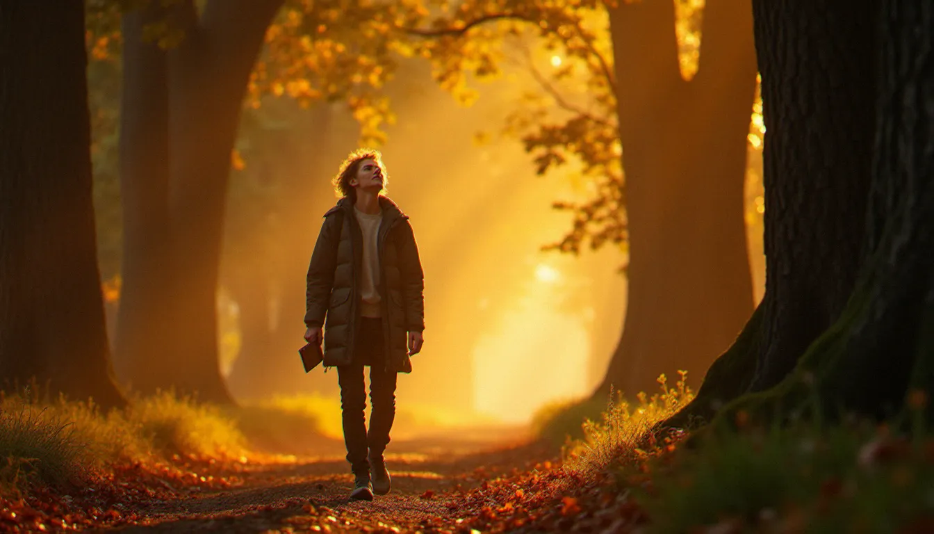 Une personne seule sur un chemin forestier baigné de lumière dorée automnale, carnet à la main, levant les yeux vers la voûte des arbres dans une attitude de contemplation et de discernement ignatien