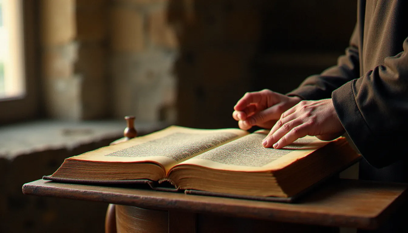 Les mains d'un moine feuilletant avec soin un manuscrit latin enluminé dans un scriptorium monastique baigné de lumière naturelle, symbole des racines historiques de la spiritualité latin