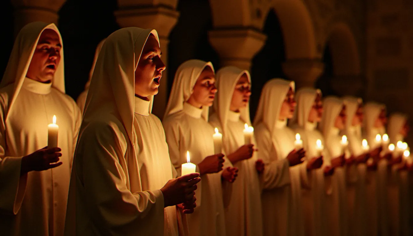 Une chorale de moines en habit blanc chantant le grégorien à la lueur des bougies dans une abbaye médiévale au crépuscule, incarnation vivante et sensible de la beauté de la spiritualité latine