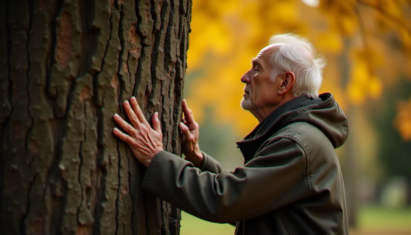 Un vieil homme aux mains posées sur l'écorce rugueuse d'un vieux châtaignier dans un parc urbain, en recueillement silencieux, illustrant la spiritualité naturelle vécue dans le quotidien ordinaire