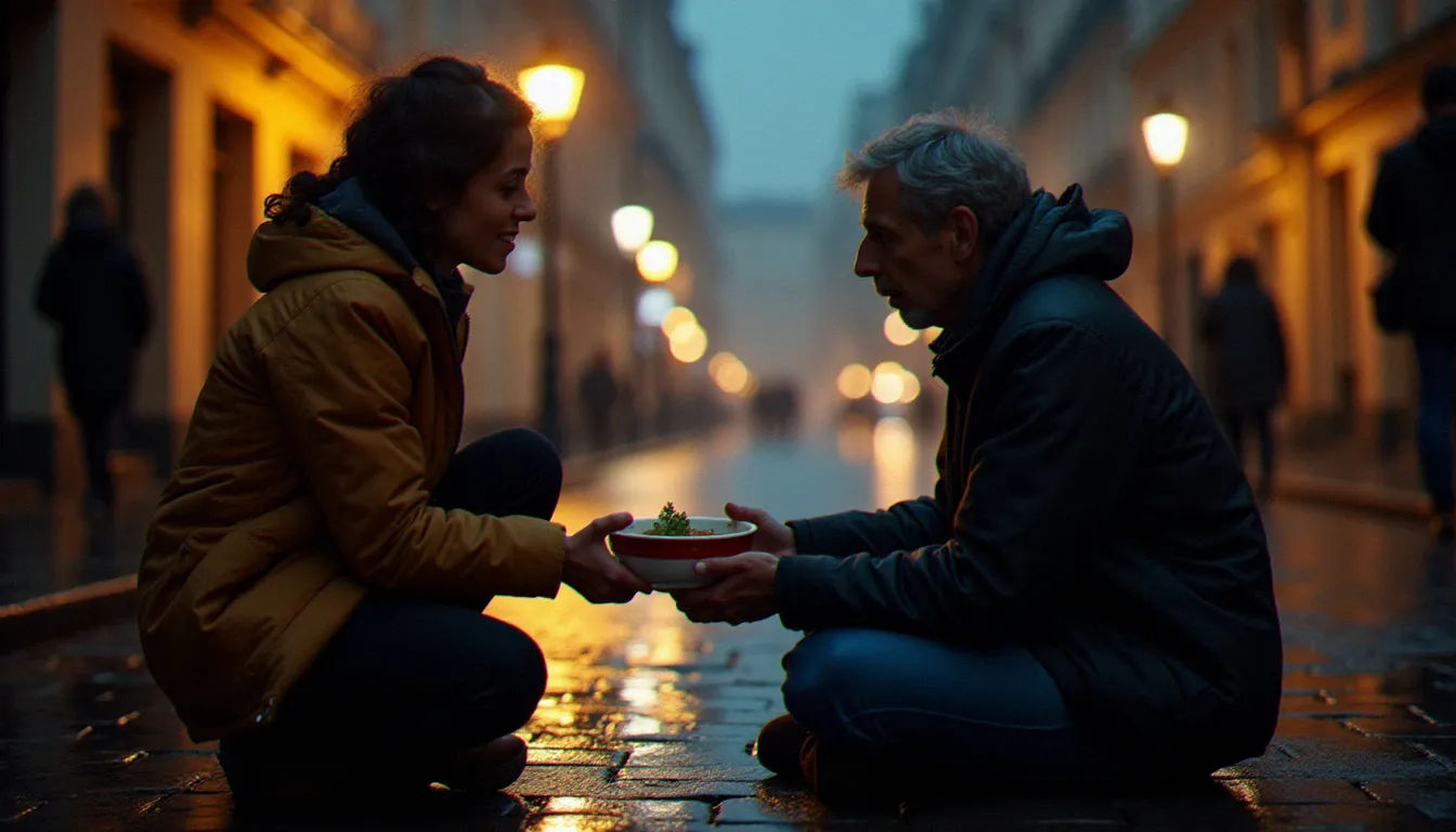 Un bénévole tendant un repas chaud à une personne en situation de précarité sous la pluie dans une ville française, leurs regards se croisant avec dignité, illustrant comment la spiritualité naturelle se traduit en engagement humain concret