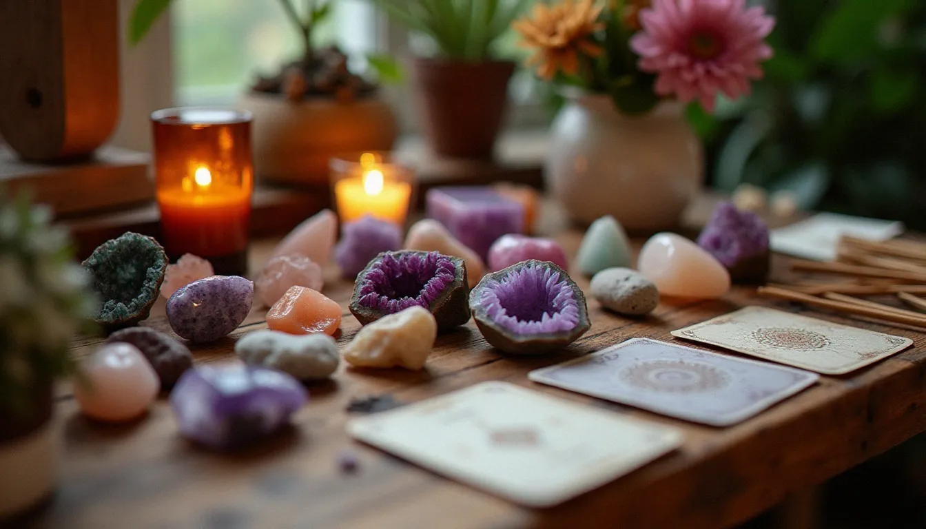 Étalage de cristaux et de cartes oracles sur un marché artisanal, objets emblématiques de la spiritualité new age en France