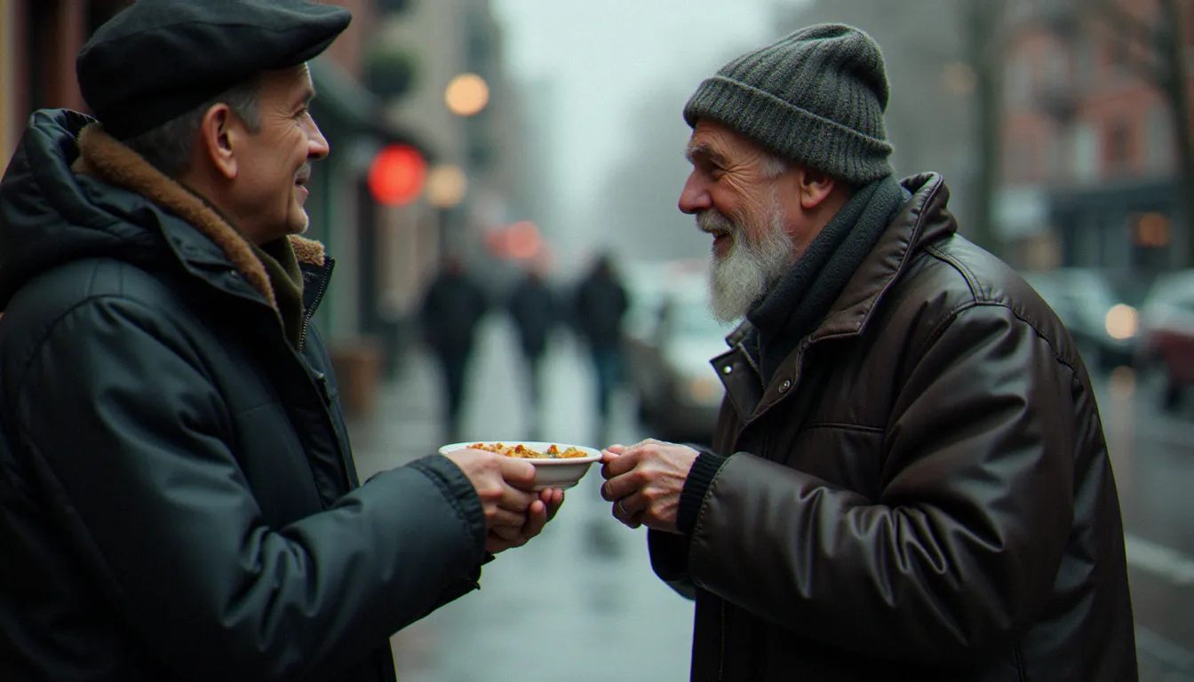 Bénévole offrant un repas à une personne sans-abri dans la rue sous la pluie, image de la foi incarnée et du service concret face aux quêtes spirituelles abstraites